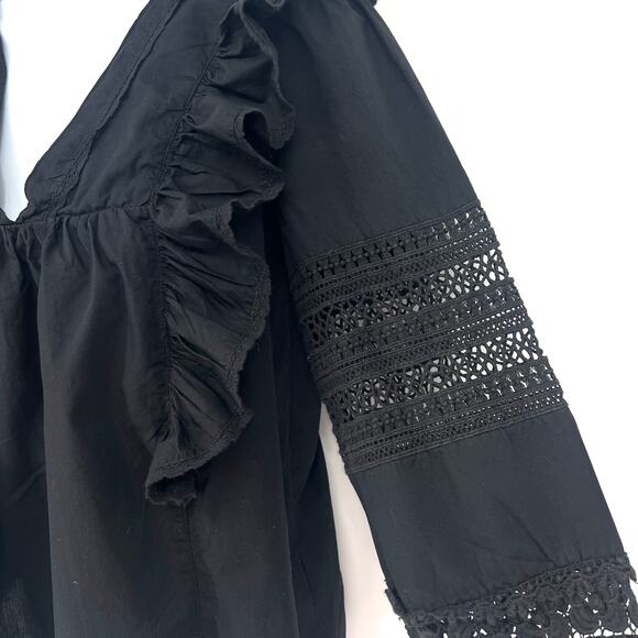 Anthropologie Black Double V Neck Ruffle Eyelet Peasant Boho Top Size XS - Picture 2 of 10